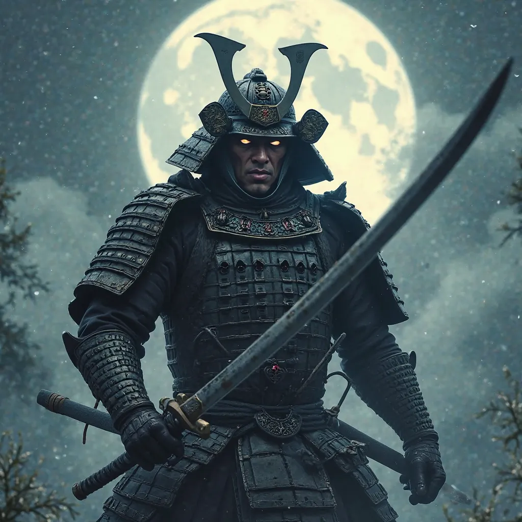 Angry tiger samurai holding a sharp katana under the moon 