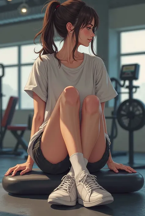 A girl wearing no-show socks below, her ankles sitting in the gym