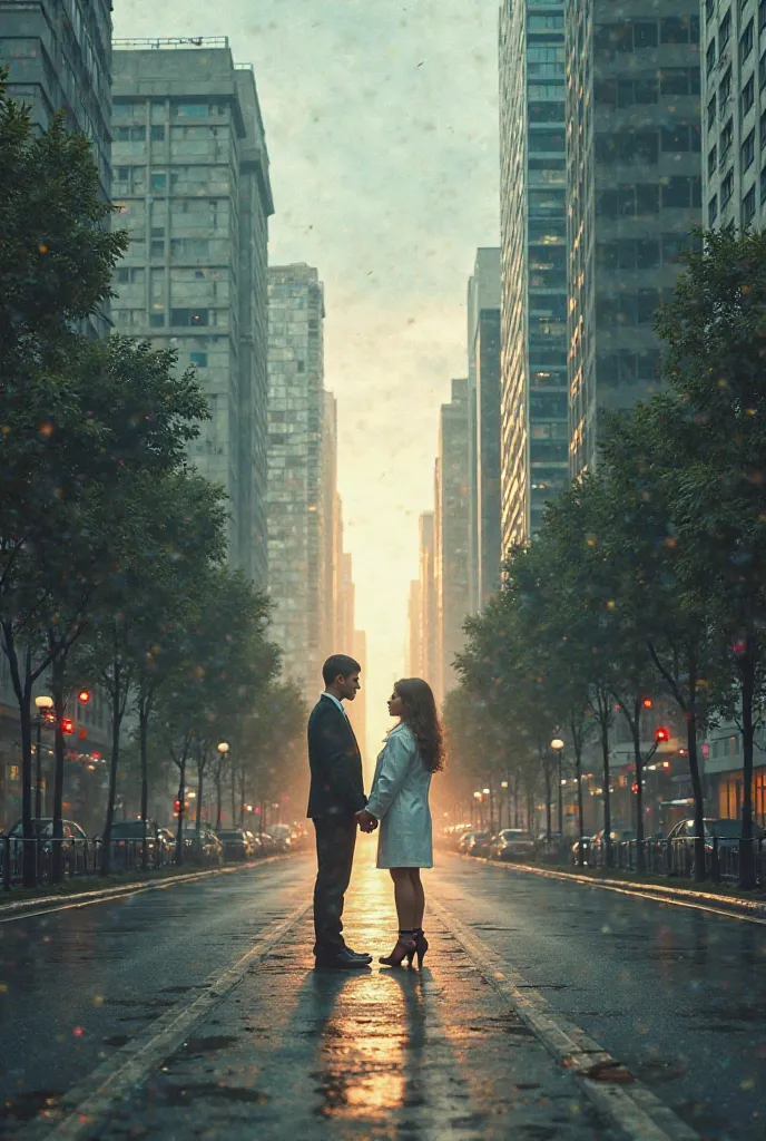 Create an image about a couple in love, but the two are from different worlds, Place an interdimensional portal on the streets of a city and they find him in a suit on one side of the portal in your world and she in a medical coat on the other side of the ...