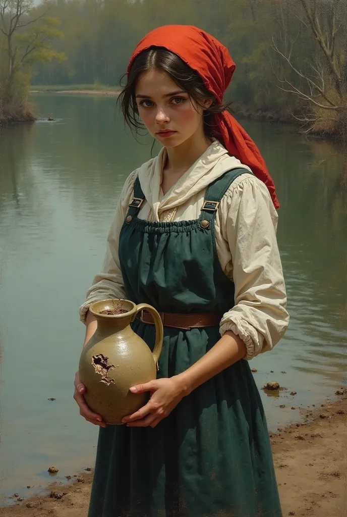 A painting of a girl holding a broken jug on the bank of a river, the jug has a broken bottom, a sad look in her brown eyes, a dark green apron over a blue dress, a white kerchief on her shoulders, a red headscarf on her head, Charles Sillem,