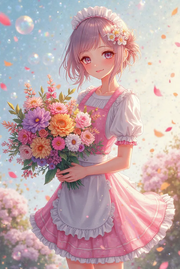 anime、illustration for both eyes、beautiful woman holding a large bouquet of colorful flowers、pastel mesh hair color、apron dress、 Full body up to your feet 、A World Full of Colourful Flowers、 soap bubbles、Brilliance、 fairy tale、fantasy、 Fantastic、beautiful、...