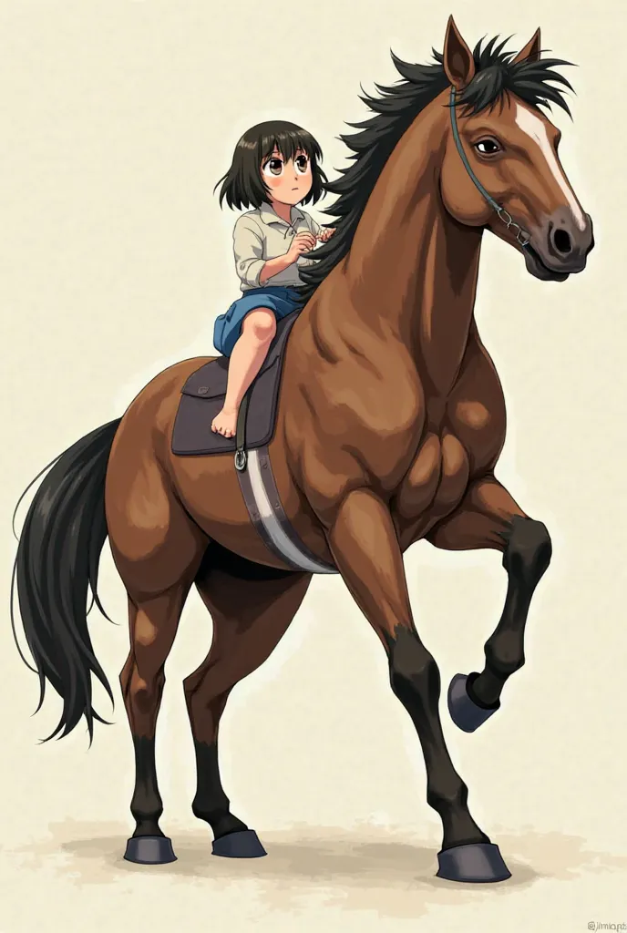 Make a brown horse with white strapes steping on a little slim black haired girl with bangs toes