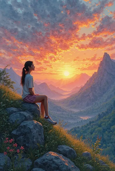    
A woman sitting on a hill, admiring the sunset, with stunning natural scenery in the background.

 realistic drawing style 