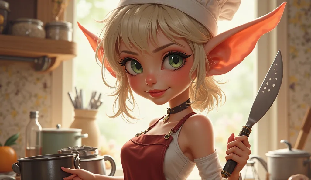 Cute fantasy elf female chef, long pointy ears, large expressive eyes, lively expression, well-endowed, short and revealing fantasy outfit, wearing an apron, soft lighting, warm color scheme, high-quality illustration, fantasy art style, detailed rendering...