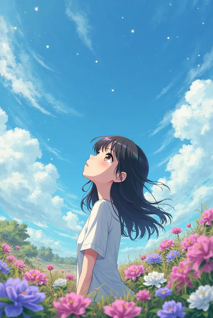 Girl with long black hair and brown eyes looking at the sky in an anime-style flower field