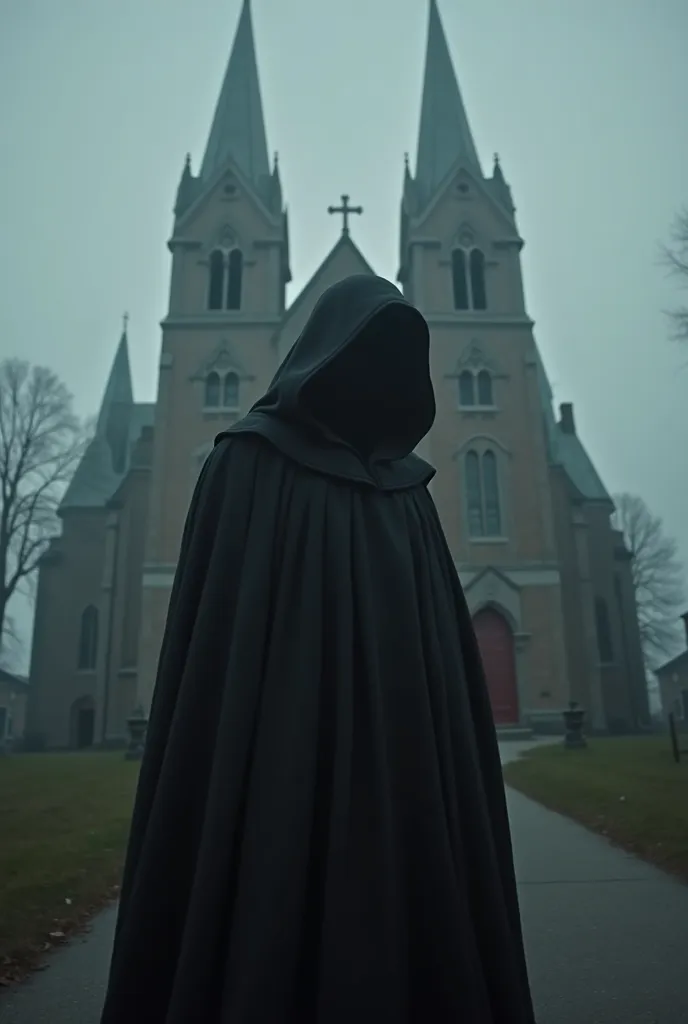 arafed image of a person in a black robe and a hood standing in front of a church, kramskoi 4 k, creepy and dramatic atmosphere, dark gloomy church, dark cloaked figure, gothic wearing hooded dark cloak, spooky netflix still shot, eerie and atmospheric, sp...