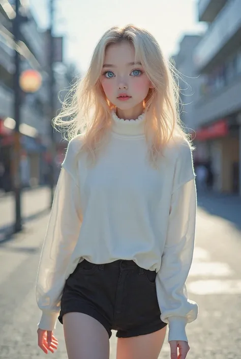 Beautiful young Japanese girl wish blue eyes walking in the streets at the spring evening and taking a picture wearing a white turtleneck sweater, black high-waisted shorts, and white knee-high boots. Face Shape: Delicate and slightly oval, with soft and h...