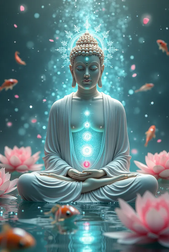 Illuminated background, with a Beautiful Bright Buddha, with illuminated glitter, in crystal clear water, surrounded by lotus flowers, with an aquamarine stone in her hands, and in his head the spiritual sign Pisces, on his chest the 7 chakras with light a...