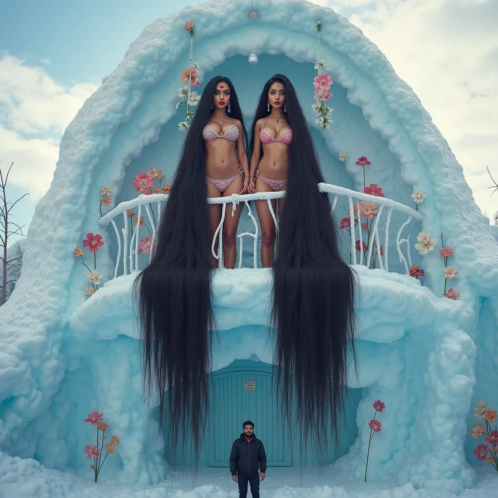 A jaw dropping photo describe Two curvy front Indian fair, cute, beautiful ladies Sunny Leone and Rashami Desai in sexy bikini standing on a flower balcony of an Igloo 1st floor  in a lovely Ice Land, (((with very very long silky dark straight hair flowing...