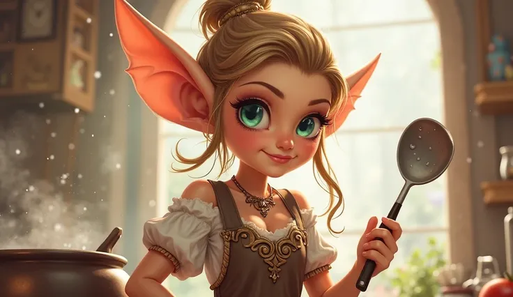 Cute fantasy elf female chef, long pointy ears, large expressive eyes, bright and playful expression, well-endowed, short and revealing fantasy-style outfit, wearing an apron, intricate fantasy embroidery on outfit, warm color tones, soft lighting, high-qu...