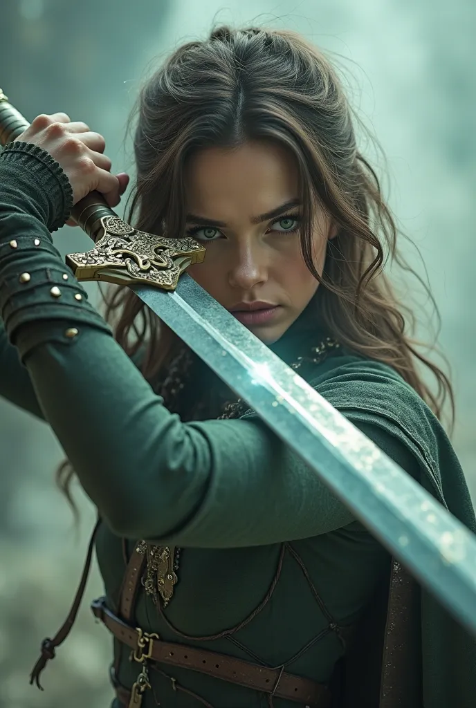 Woman with shoulder-length brown hair green eyes with sword 