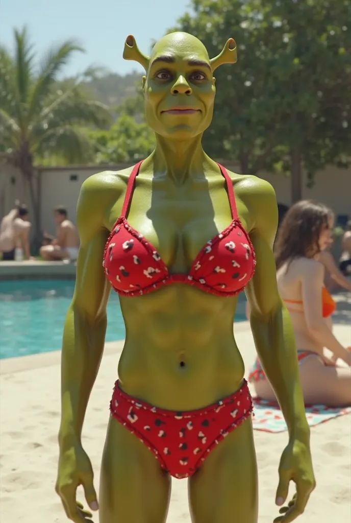 Shy, skinny man shrek with six pack and big boobs
 in hot-red colored bikini