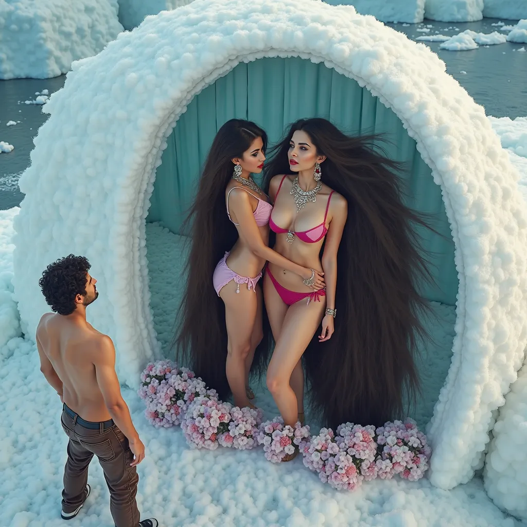 A jaw dropping photo describe Two curvy front Indian fair, cute, beautiful ladies Sunny Leone and Rashami Desai in sexy bikini standing on a flower balcony of an Igloo 1st floor  in a lovely Ice Land, (((with very very long silky dark straight hair flowing...