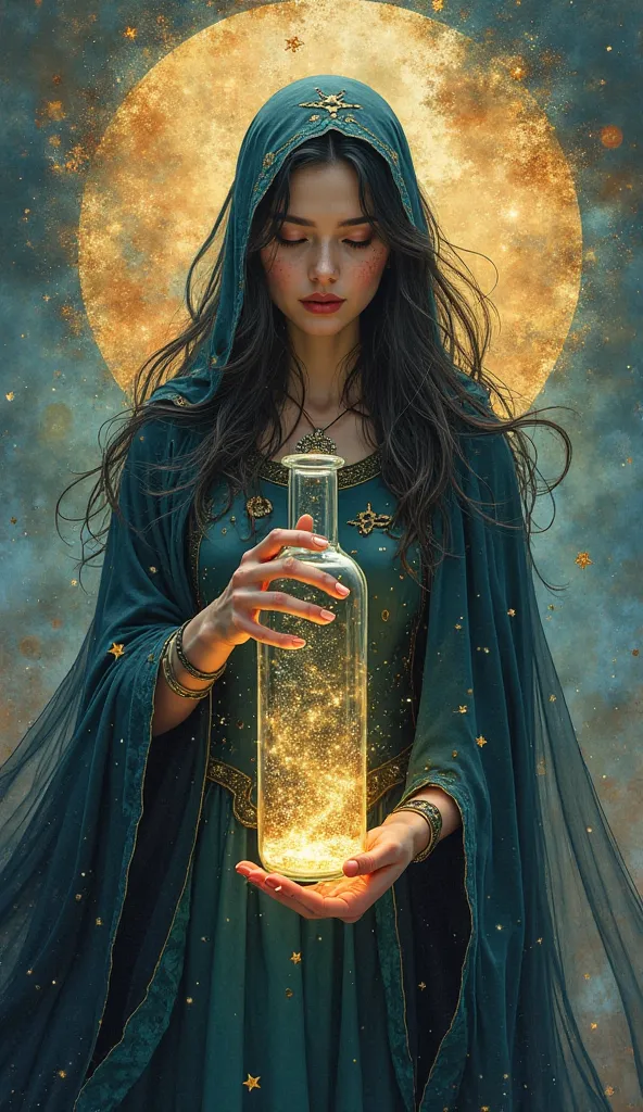 "Dream Alchemist"
A (mystical figure in a flowing cloak), her (eyes glowing like liquid gold), holding a (floating glass vial filled with shimmering, swirling dreams). The background glows with (abstract dreamscapes in rich alcohol ink hues). Poster taglin...