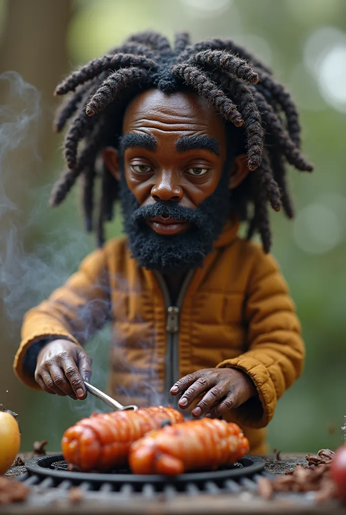 Puppet of man with Rastafarian hair barbecuing with low heat