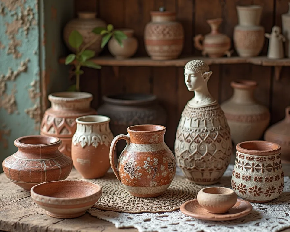 Generate an image to post on a blog, What represents handicrafts in Brazil, and in this image I need to portray the origin of the craft, Where ceramic, lace and sculptures dominated the scene. It does not generate written and text. The minimum size must be...