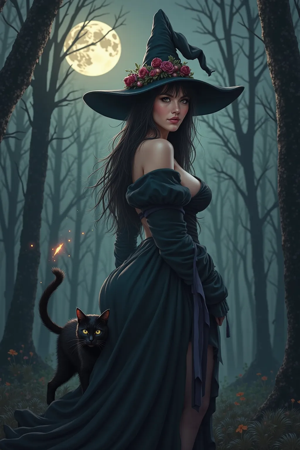 A witch wearing a 4-element hat in a forest at night with a full moon. A woman with straight hair without bangs., Waist ,  thick build , LIGHT BROWN EYES, eyelashes, oval face, A small big nose that curves downwards, thick lips, well-shaped voluptuous body...