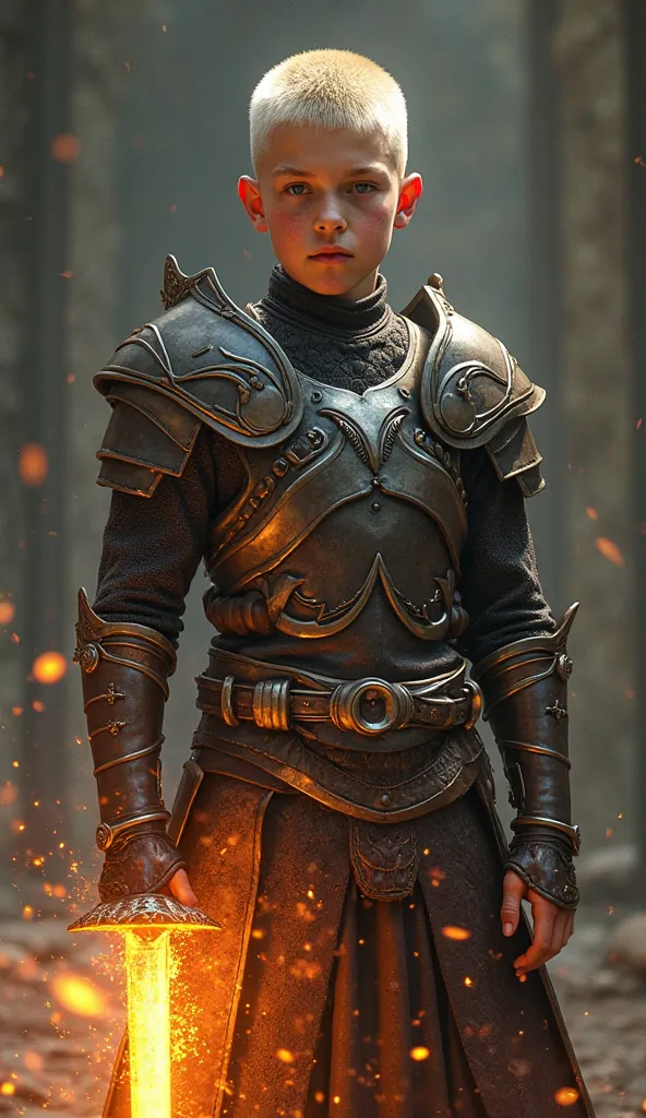 young warrior, blond crew cut hair with shaved sides, armor on shoulders, forearms in scaled leather and metal, sword with blade radiant with sacred light and fire, without beard