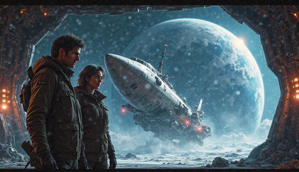 "Create an image of a commercial spaceship floating in space, with a damaged Earth in the background, depicting a harsh, minus-degree temperature and extreme weather effects. In the foreground, show a person named Bran standing in front of the spaceship, w...