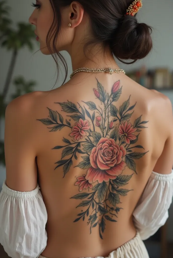 Create an exclusive feminine delicate back tattoo art for a woman with a height of 1,62 that weighs 45 kilos that brings femininity, beauty, exclusivity, elegance, that is unique and that draws a stylish body