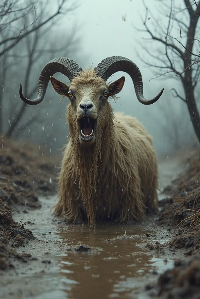 A goat stuck in muddy water, crying out for help, struggling to free itself