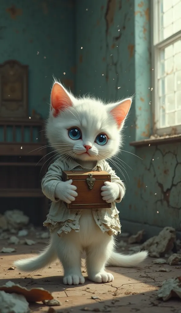 Prompt:
"A highly realistic and emotional digital painting of an anthropomorphic white kitten standing in a dimly lit, abandoned room. The kitten wears a torn and worn-out white shirt, revealing patches of its soft fur underneath. Its large, expressive blu...