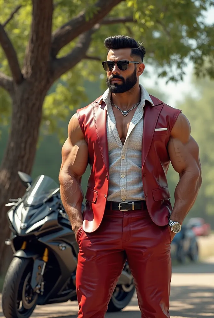 Big giant muscular endurance handsome body builder white European man, hyper realistic man,wearing unbuttoned white check shirt,red styled leather suit, white cargo pant with pouches, black hair cut designs, short black beard design, black sunglasses, silv...