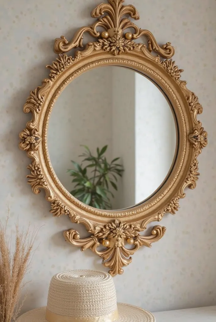 Give me a picture of a mirror with a diameter of 30 cm with a pearl color that is always going on 
 With beautiful golden beads and from above the top of the hat, it comes out beautiful and I see the mirror in a beautiful background 