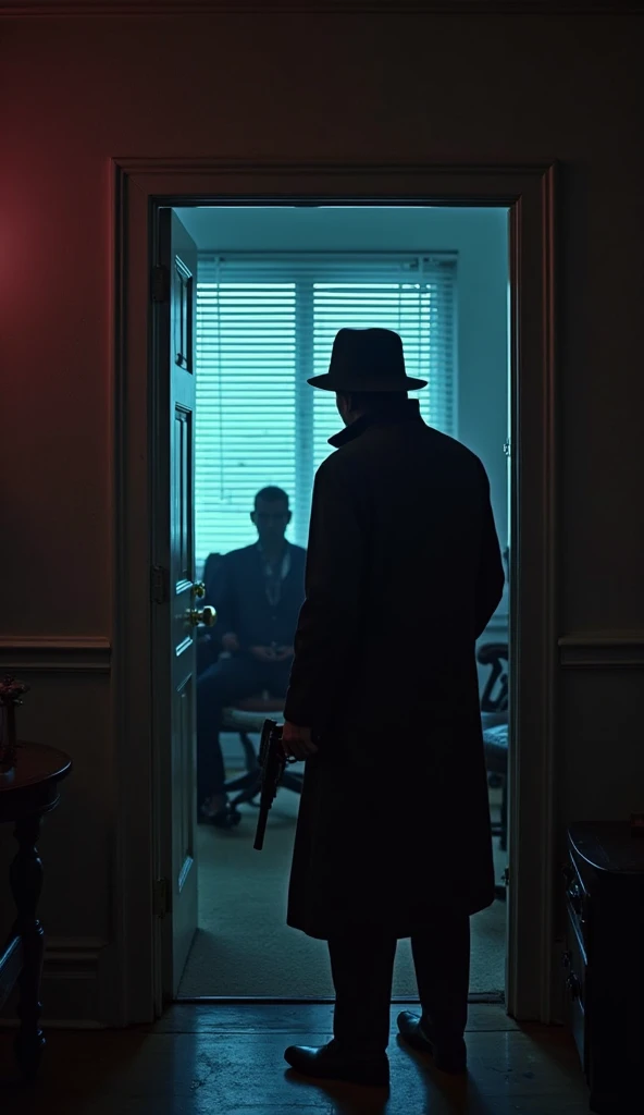 POV shot from the detective’s perspective, standing at the doorway of their dimly lit office. A shadowy figure sits in the detective’s chair, smoking a cigarette. The only light source is the neon glow from outside, casting eerie reflections on the window ...