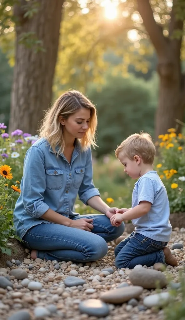 Image size a4 portrait, an image of a mother and son in a sensory garden with flowers, pebbles and tall trees in background with light coming through them, it is in tje backyard of their house. the mother has calm expressions wearing blue button down shirt...