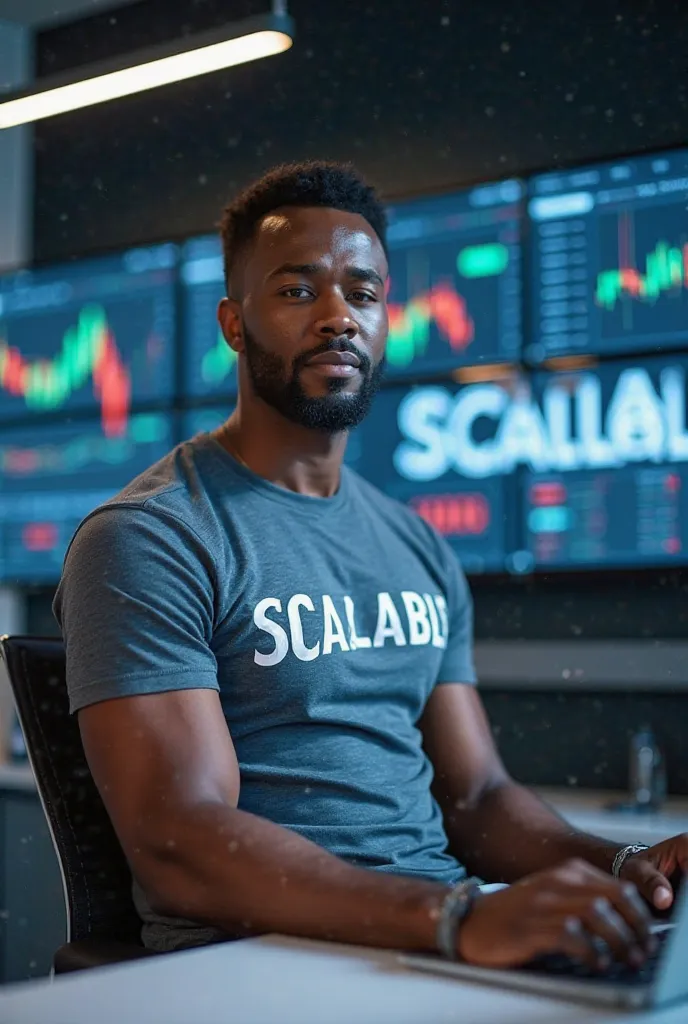 Create an image of a confident Nigerian businessman in his modern office, wearing a company t-shirt with the word 'SCALABLE' printed on it. The office should be sleek and professional, with a contemporary design. In the background, display the word 'SCALAB...