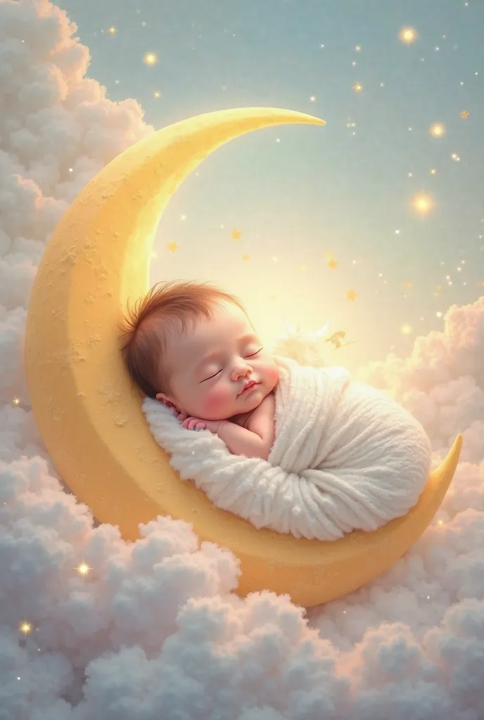 Generate a photo of a baby/newborn sitting inside a moon,  with beautiful effects , in pastel colors surrounding, em 2d