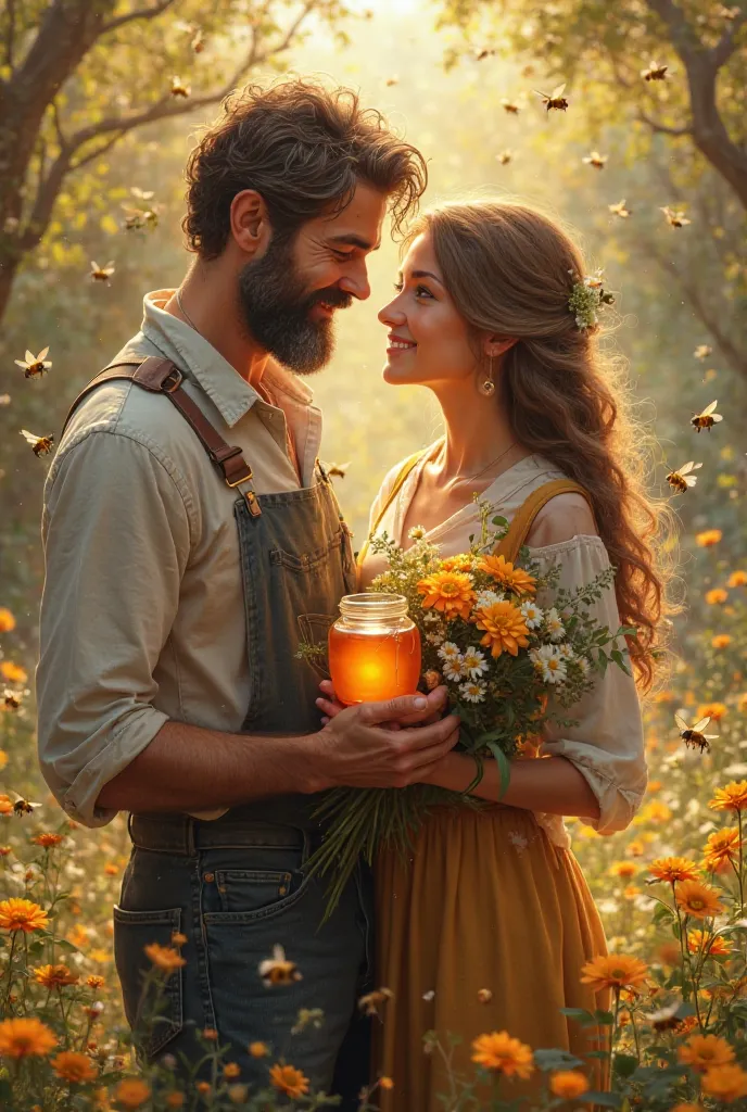 a handsome man works with bees and gives his beloved honey and flowers, bees are flying around