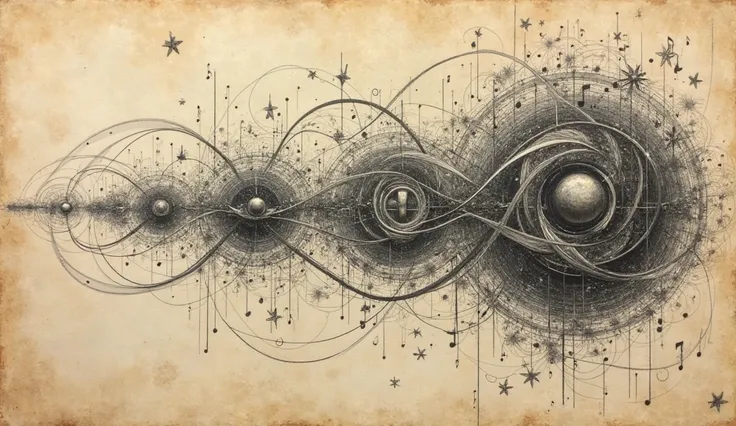 Frequencies and the Musical Language of the Universe drawn on straw paper with black pencil