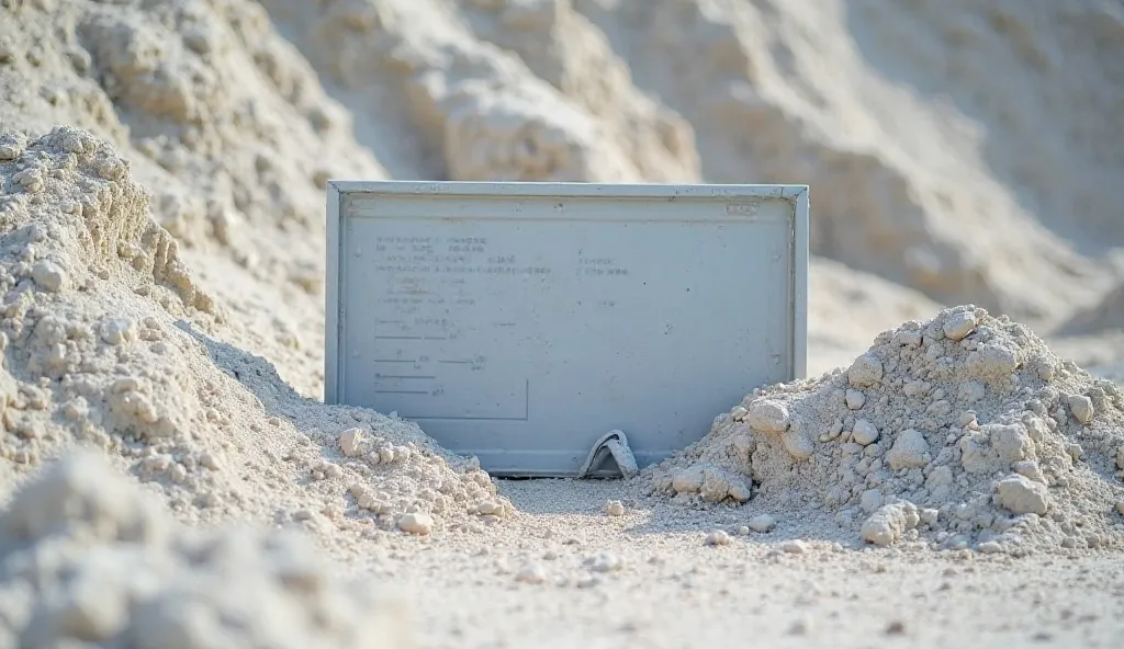 A light gray, rectangular metal sign, slightly angled, is situated within a sloping pile of light gray, dusty earth. The sign appears to contain a list of text, possibly data or labels.  The sign is positioned in the mid-ground of the image.  A small, ligh...