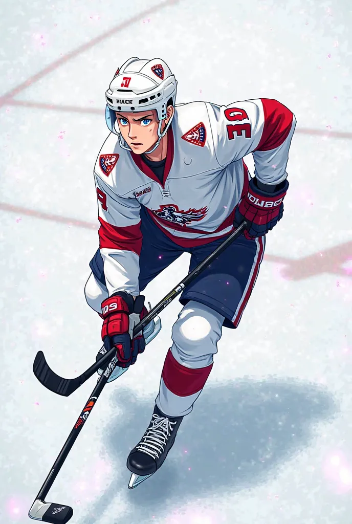  Create a profile picture for Facebook , Anime-style drawing of a hockey player, anime style, with uniform colors white as the main and secondary colors red and navy blue,