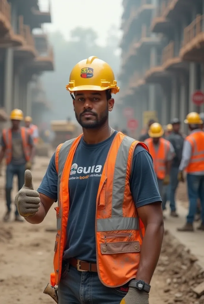 "A professional safety officer is standing confidently at an active construction site, wearing a well-fitted t-shirt with 'Guru Technical Institute' clearly printed on it. He is also equipped with a safety helmet, gloves, and a reflective vest. The backgro...