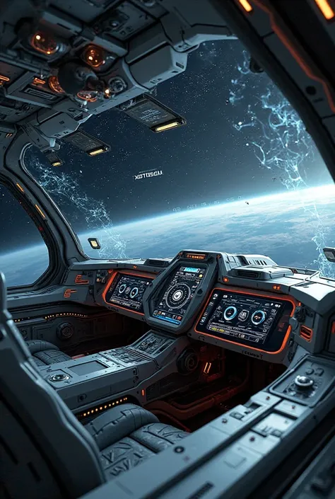 Photorealistic view of a futuristic spacecraft cockpit. Inside of the spaceship in space cockpit view. First person view fov, highly relaistic.