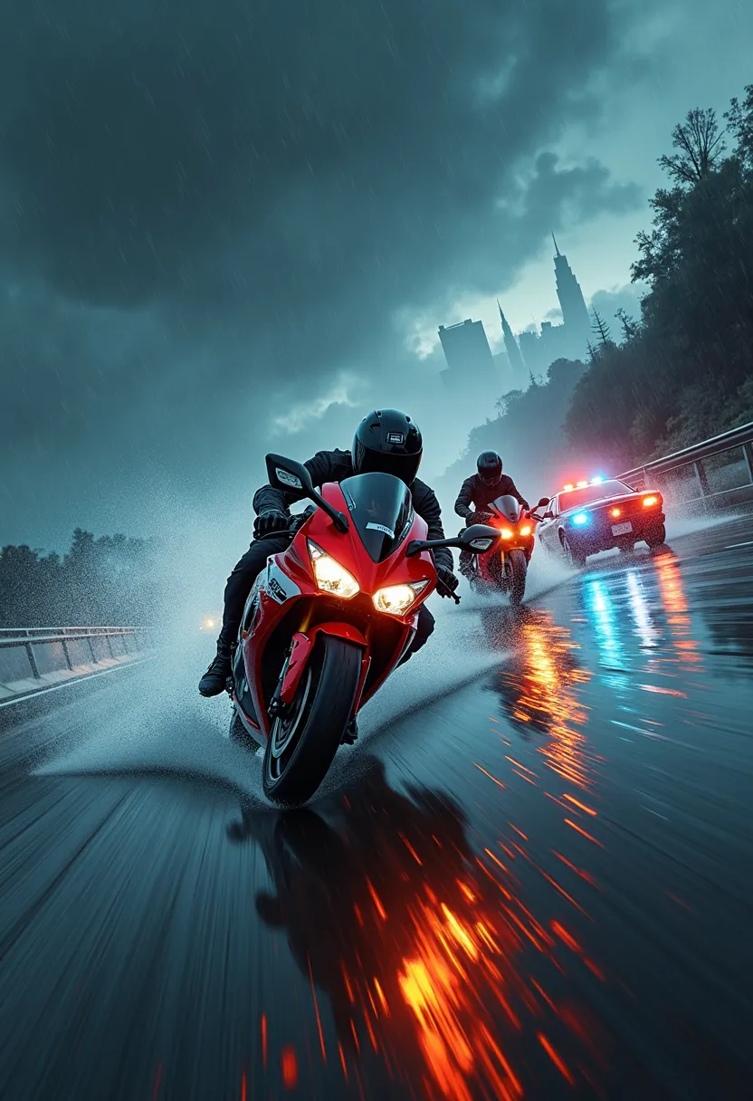 "A breathtaking high-speed chase unfolds on a rain-drenched highway beneath a stormy night sky. Two sleek Honda CBR motorcycles tear through the darkness, their engines roaring like thunder as they race forward at mind-numbing speed. Their headlights pierc...