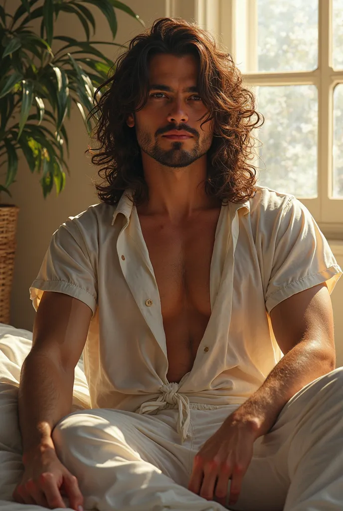 (photorealism:1.2), beautiful man, sitting on bed, wearing loose off-shoulder top, pajama pants, long curly hair, indoors, soft lighting, plants in background, window with sunlight, cozy room, relaxed pose, realistic, intricate details, warm colors, by Gre...