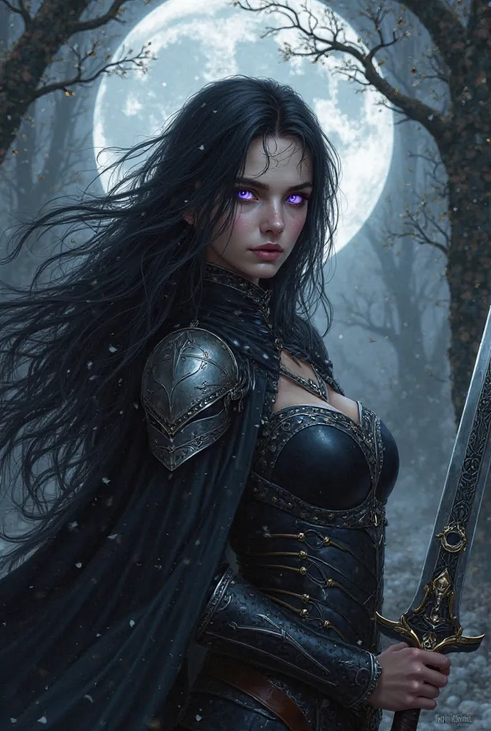 A highly detailed and realistic fantasy portrait of Selene, the last Luna. She has long, flowing black hair that seems to absorb the moonlight, and piercing violet eyes that glow with an ethereal intensity. Her pale skin has a faint luminescence under the ...