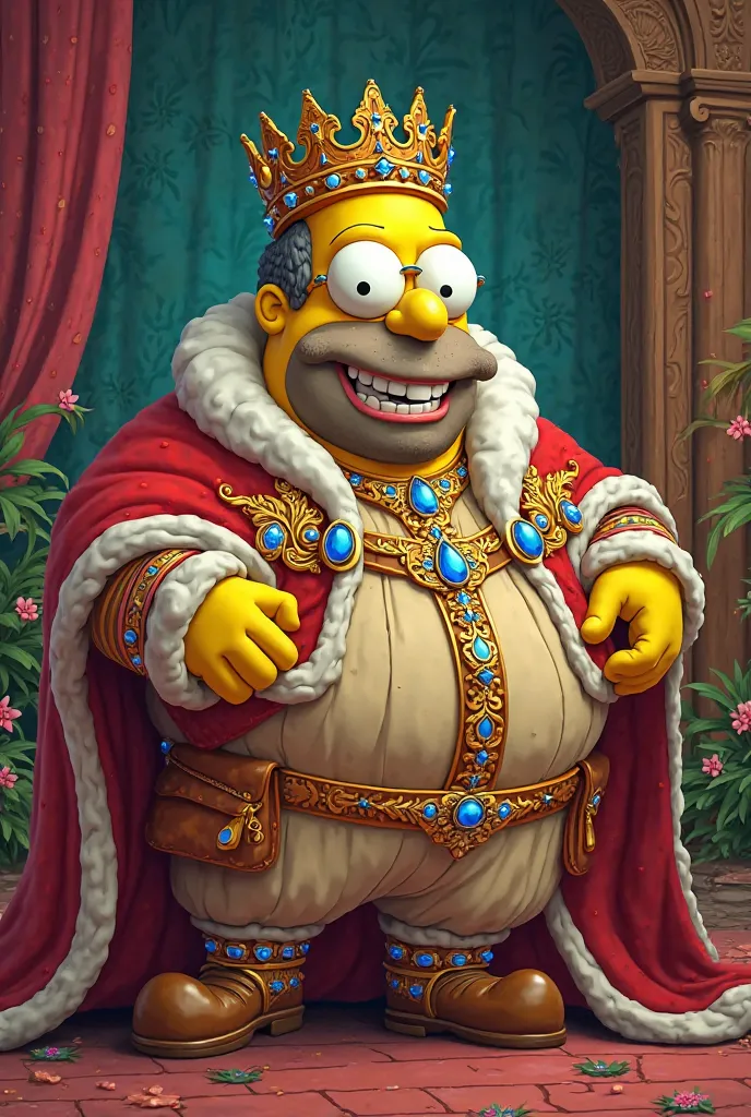 Baptista from taming of the shrew happy and as a sisimpson as a king and fat and smiling 