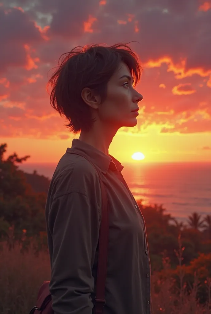 48-year-old brunette woman with short peeled hair thinking about the sunset 