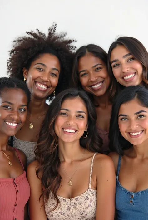 Create a photorealistic image of a diverse group of Latina women of different ages and skin tones, standing together against a plain white background. The image should capture natural expressions, distinct facial features, and a sense of unity among them.