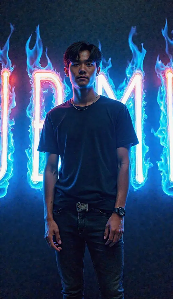 is a large letter written "TURMUDHI" with 3d writing style that has fluorescent light of various colors and blue flame. the writing was straight facing the camera. behind the writing there is a handsome korean guy wearing a black t-shirt, wearing black jea...