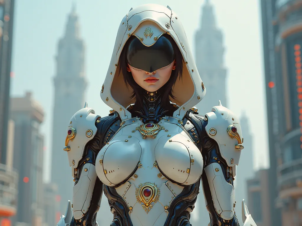 I want to create a female robotic armor High resolution, looking at the spectator, hood, mask/sale/ mask, Love, jewelry, big breasts, Language and various colors in a futuristic city