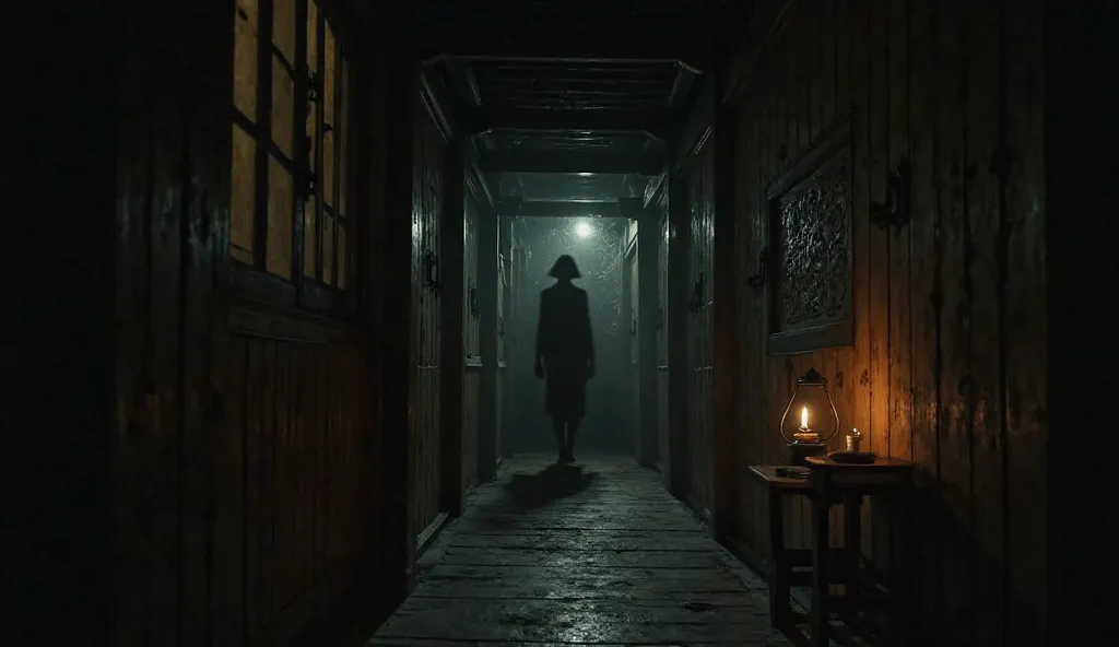 *"A dark and eerie traditional Javanese house at midnight. A dimly lit wooden corridor stretches into the shadows, illuminated only by the faint glow of an old oil lamp. The air is thick with tension. A lone figure lies awake in a traditional wooden bed, e...