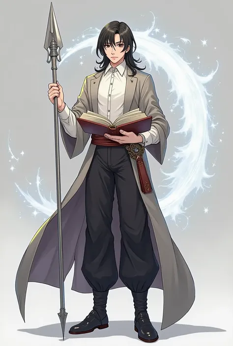 make me an anime character, Being an adult male, with dark black hair, brown eyes, wearing a medieval outfit with a white button-down shirt, with black dress pants, wearing a black full shoe, Serious face, full body, relaxed posture while standing holding ...