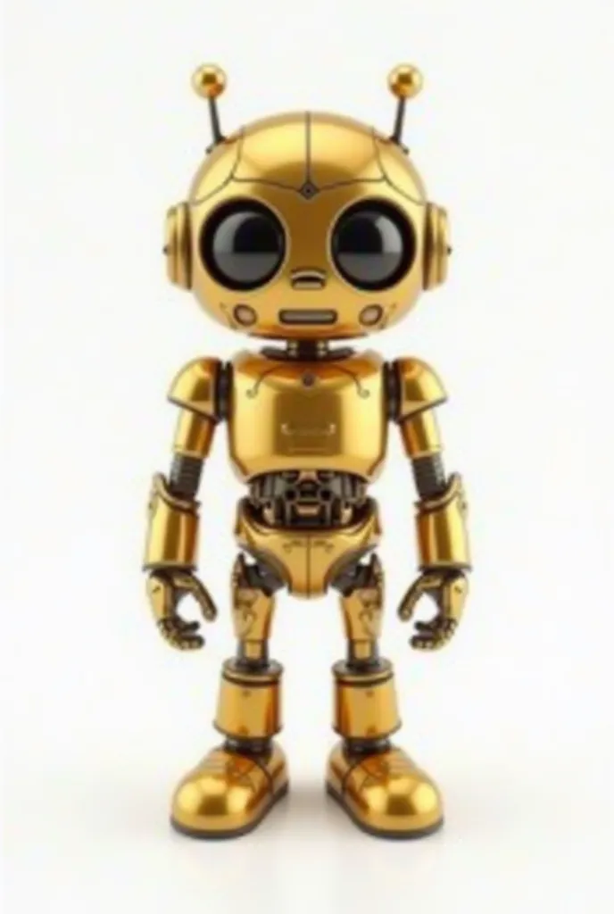 A golden robot figure, positioned on a white background, displays metallic details and an upright posture.

The composition of the image is simple and focused. The robot is centered in the image, taking up most of the space. The pure white background ensur...