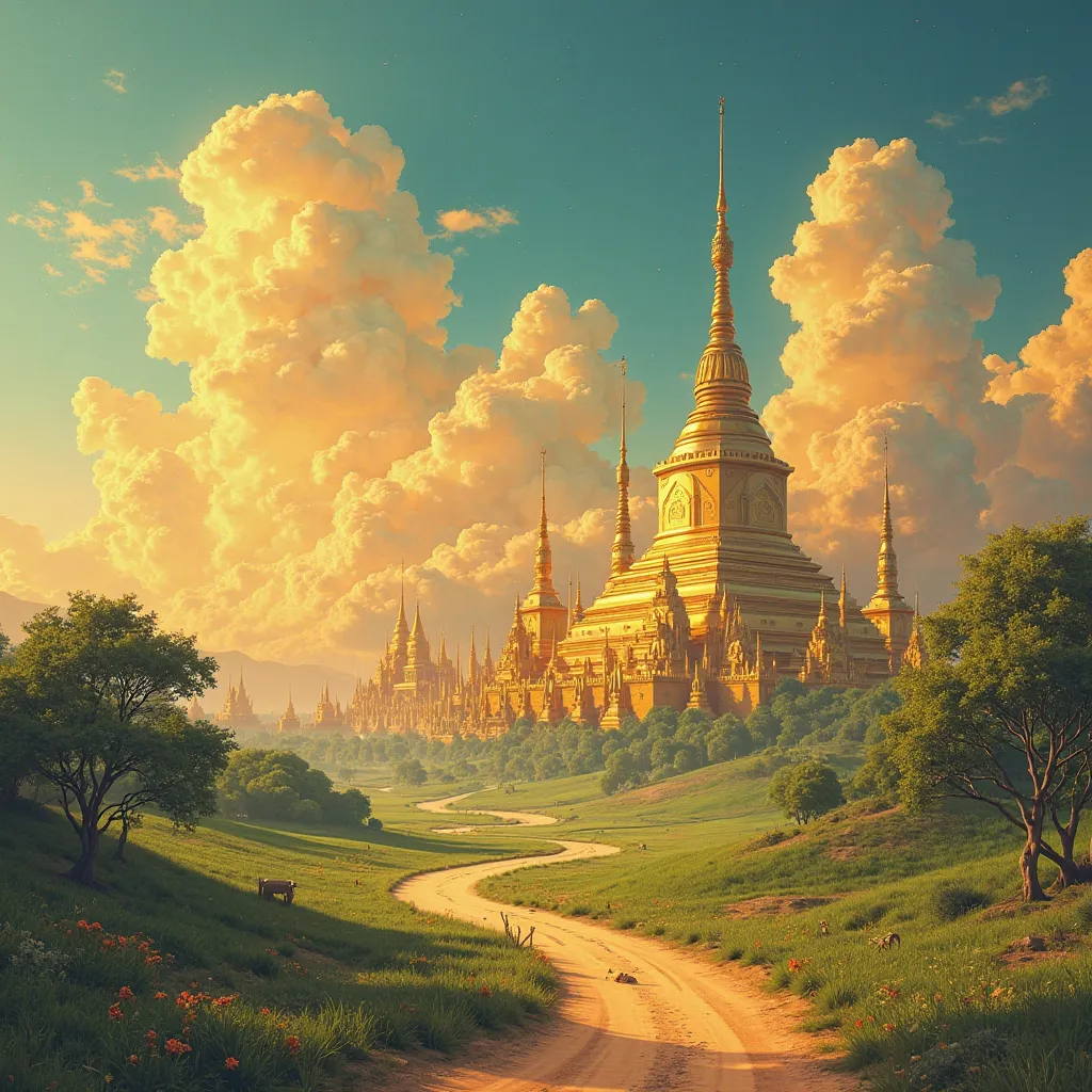 A photo of the mystical Bagan beauty in 2026 with a Deco-inspired scene, reminiscent of Maxfield Parrish's luminescence. The scene is filled with shiny gold buildings. The sky is shiny colorful and clear with a few clouds. The ground is a mix of green gras...